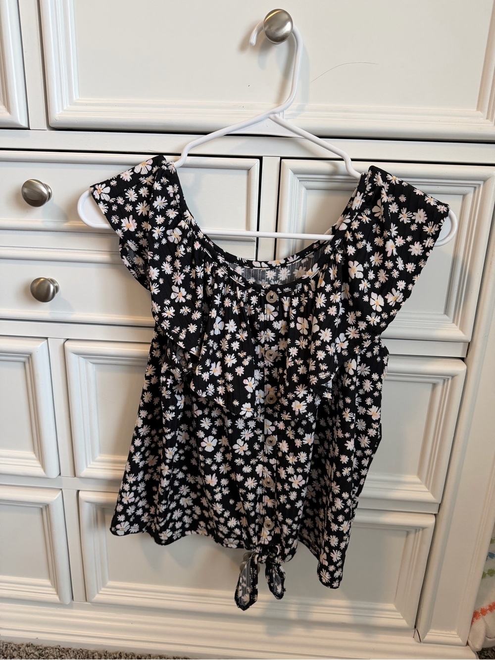 Justice Black Floral Button-Front Tie-Hem Top